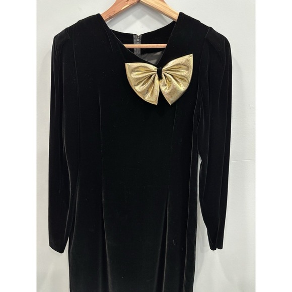 Halston III Black Velvet Dress Gold Bow Detail Size 6 Cocktail Formal Vintage - Picture 5 of 9
